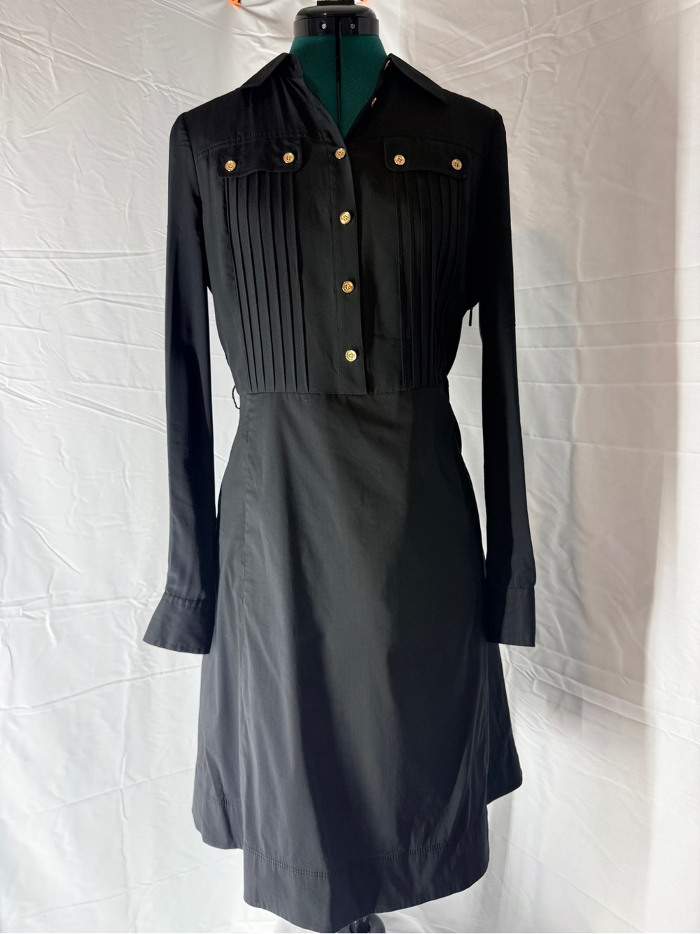 Tory Burch Black Long-Sleeve Shirt Dress with Gold Buttons